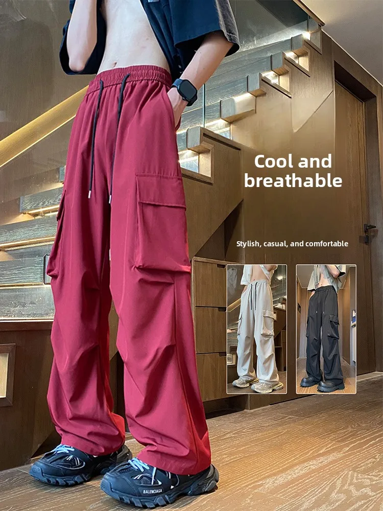 

Red Wine Color Large ket Work Trousers Men's Summer Thin Qui Dry Ice Silk Outdoor Straight Tube Paratrooper Assault Pants