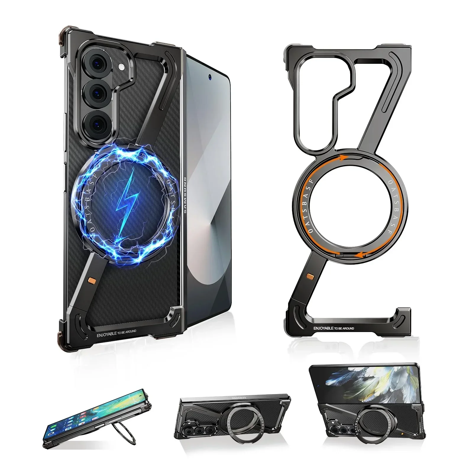 

Eary for Samsung Galaxy Z Fold 6 5 Metal Phone Case with Magsafe Ring Stand Metal Frameless Magnetic Screen Protective Cover