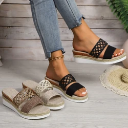 Fashion Hollow Woven Bandage Sandals Fish Mouth Wrap The Instep Wedge Heel Slippers Women Comfortable Dressy Open Toe Shoes