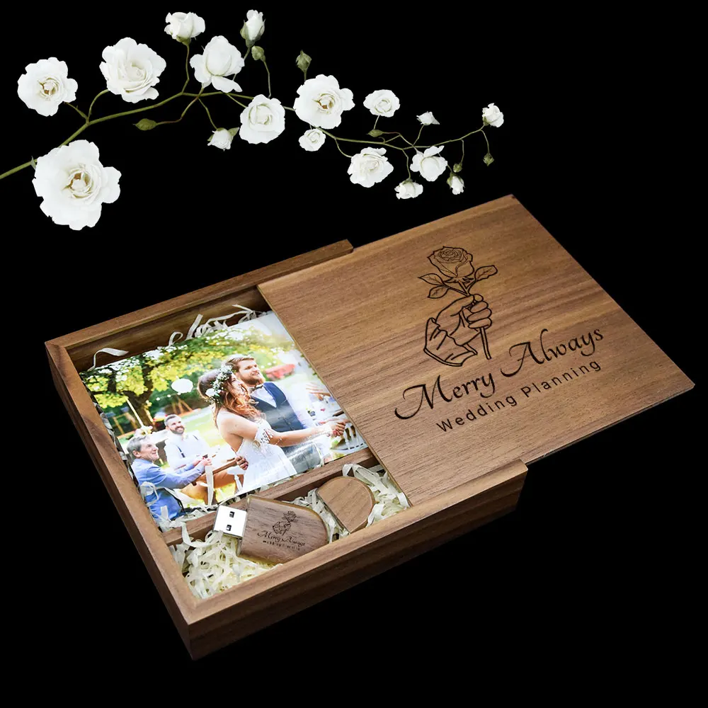 Wooden USB Flash Drive 128GB Free Custom Logo Pen Drive 64GB Photo Album Box Memory Stick 32GB Wedding Souvenirs Pendrive 16G 8G