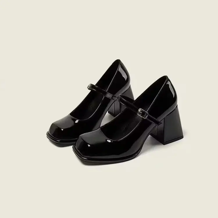 Mary Jane Women Heels 2024 New Black Square Head Square with Patent Leather Pump Solid Color Simple Basic Style One Line Buckle