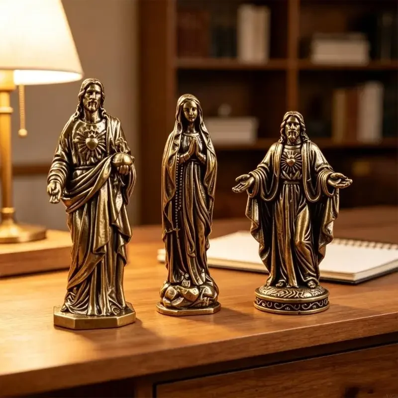 Detailed Religious Figurine Set of 3, Brasses Holy Father Mother Sculpture With Stable Base For Christian Home Church Y5GB