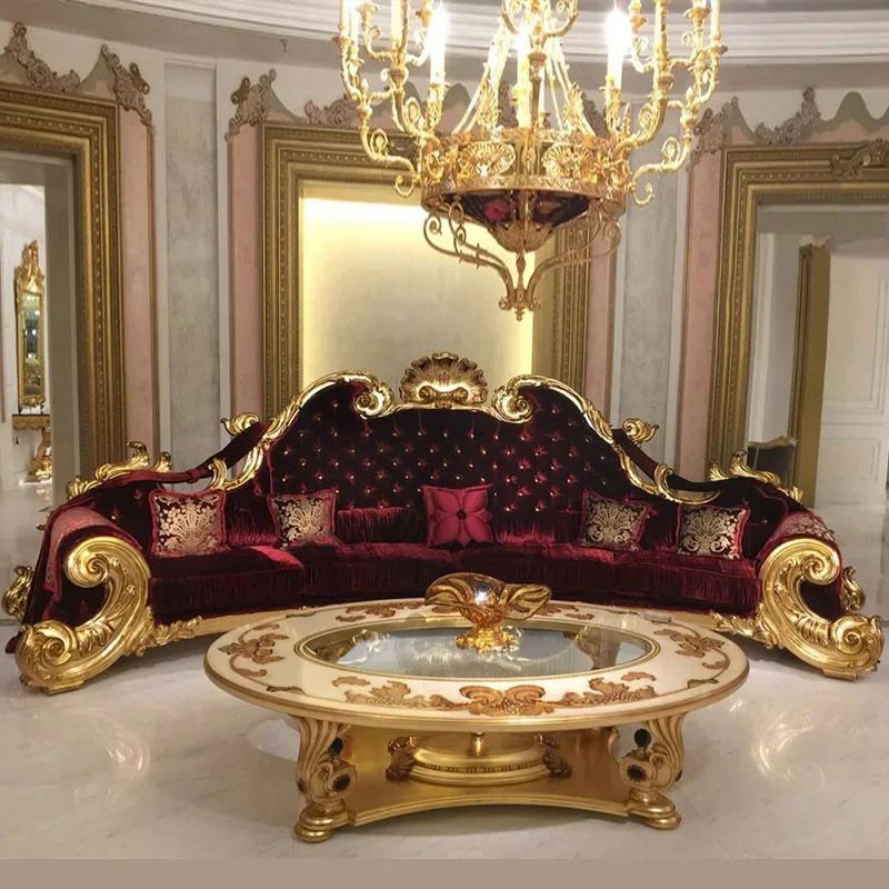 

European Wood Solid Sofa French Palace Luxury Villa Living Room Gold Foil Red Flannel Sofa Combination Furniture