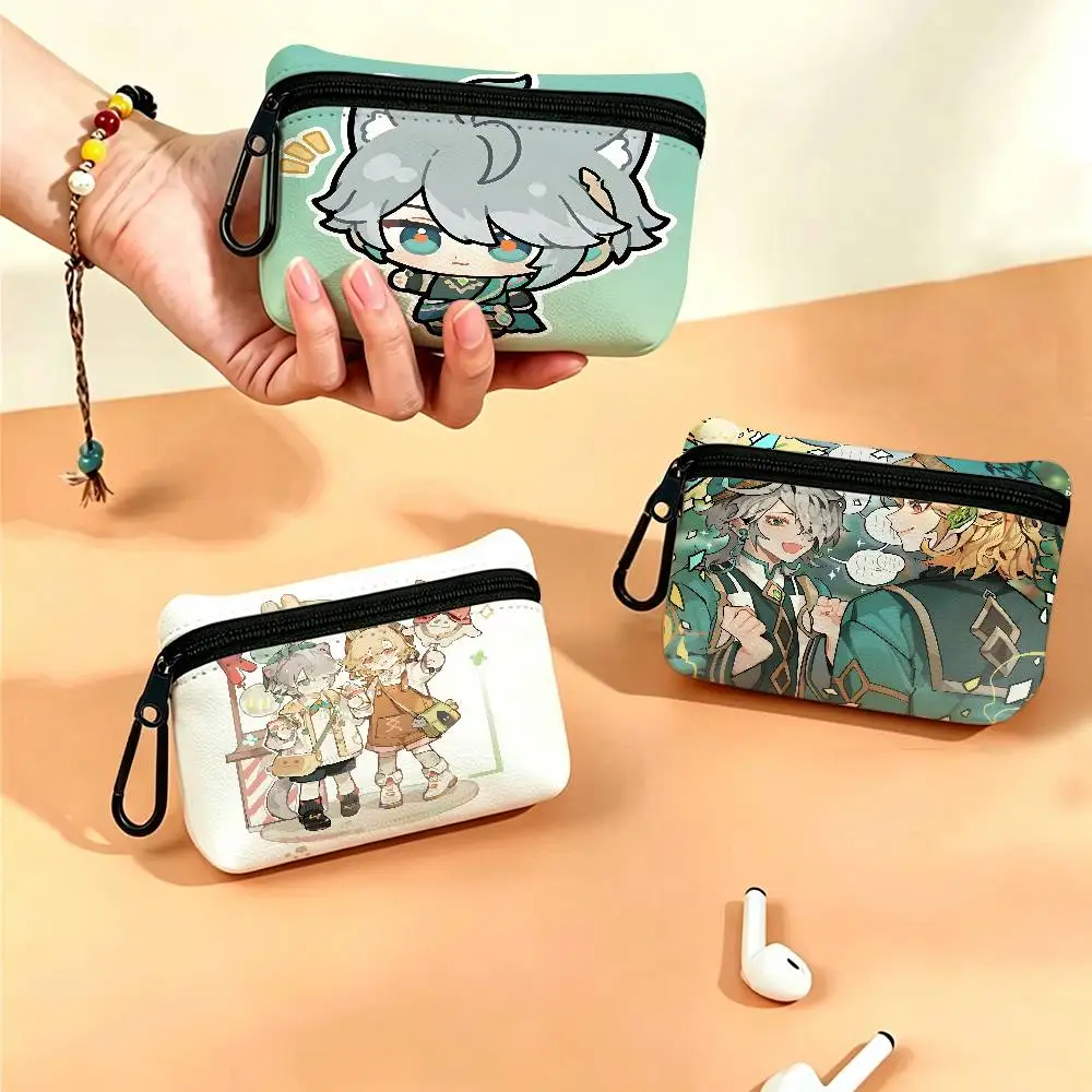 G-Genshin-Impact Fantasy-Ethereal Portable Oxford Fabric Mini Wallet Carabiner Design Small Coin Bag For Cards Keys Earphones