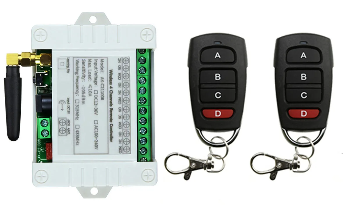 Remote Control Nirkabel Universal DC 12V 24V 36V 4CH 10A Modul Penerima Relai RF Switch Remote Control untuk Pembuka Gerbang Garasi