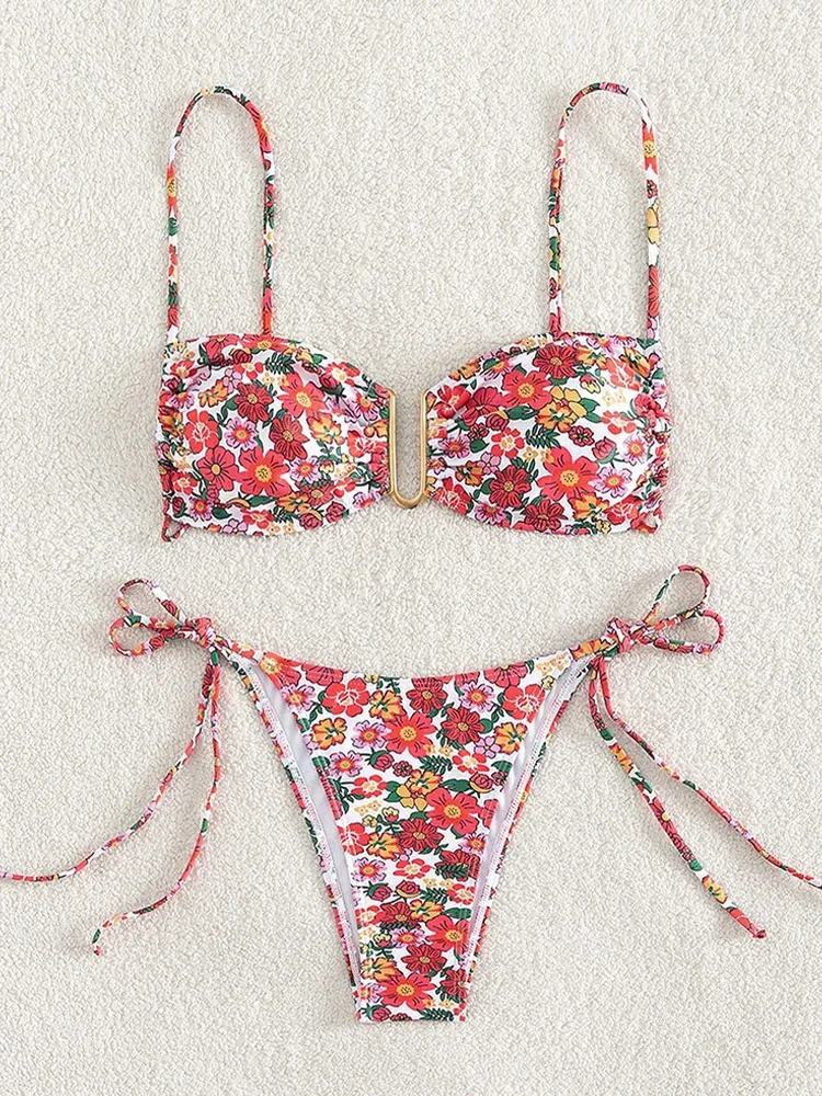 Sexy Floral Bikinis 2 Piece Set Women Laced Up Split Swimsuit High Waist Beach Bikinis 2026 New Summer Swimwear Bikinis Set