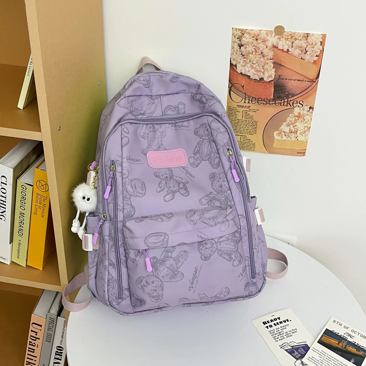 Mochila escolar con estampado de oso para mujer, morral escolar con múltiples bolsillos para chicas adolescentes