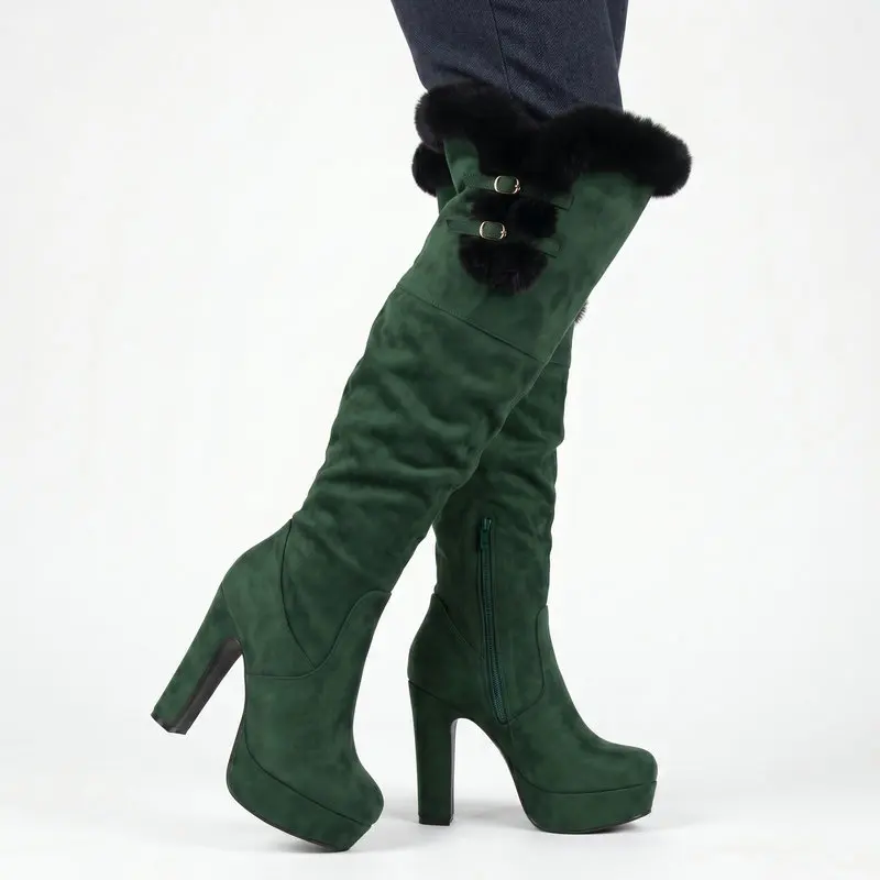 Women's Faux Suede Over The Knee Boots Fur Lined Platform Block Heel High Heels Winter Shoes Warm Knee Snow Booties