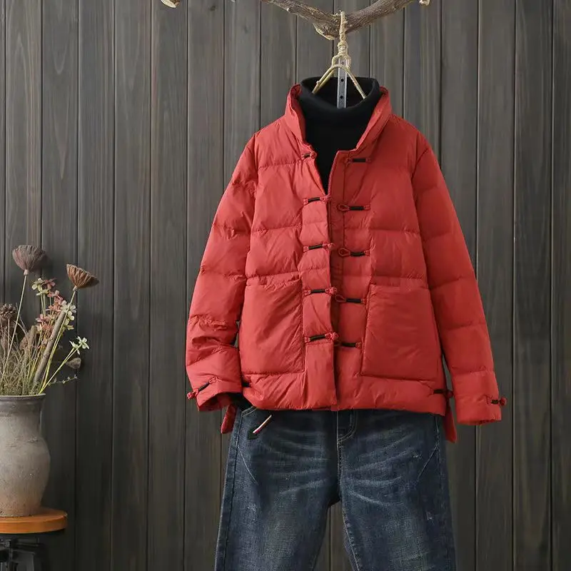 

Теплая пуховая куртка из хлопка с пуговицами, женская зимняя верхняя одежда в этническом стиле, модная, для повседневной носки, однотонная, из полиэстера