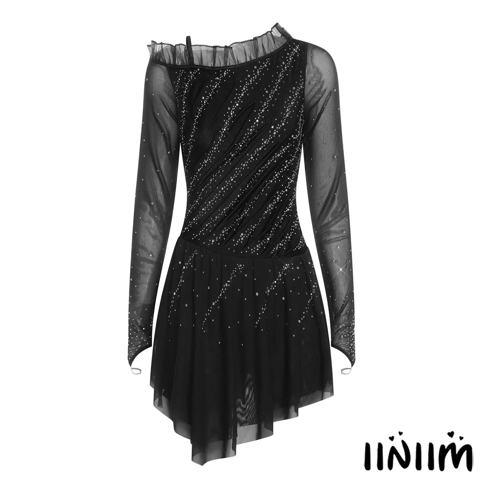 

Womens Figure Skating Dress Sheer Mesh Finger Holes Asymmetrical Shoulder Ruffles Ruched Shiny Rhinestones Dress Dance Costume