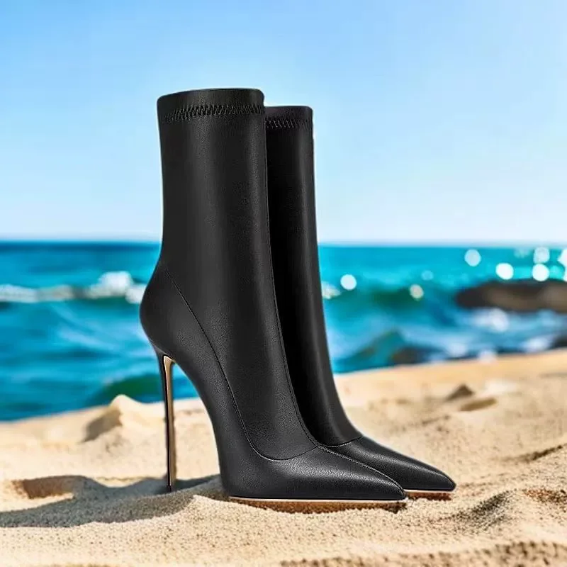 

Black Stiletto Pointed Toe Temperament Versatile 2025 Autumn New Fashion Short Boots Slip On Sexy Mid-Calf Boots