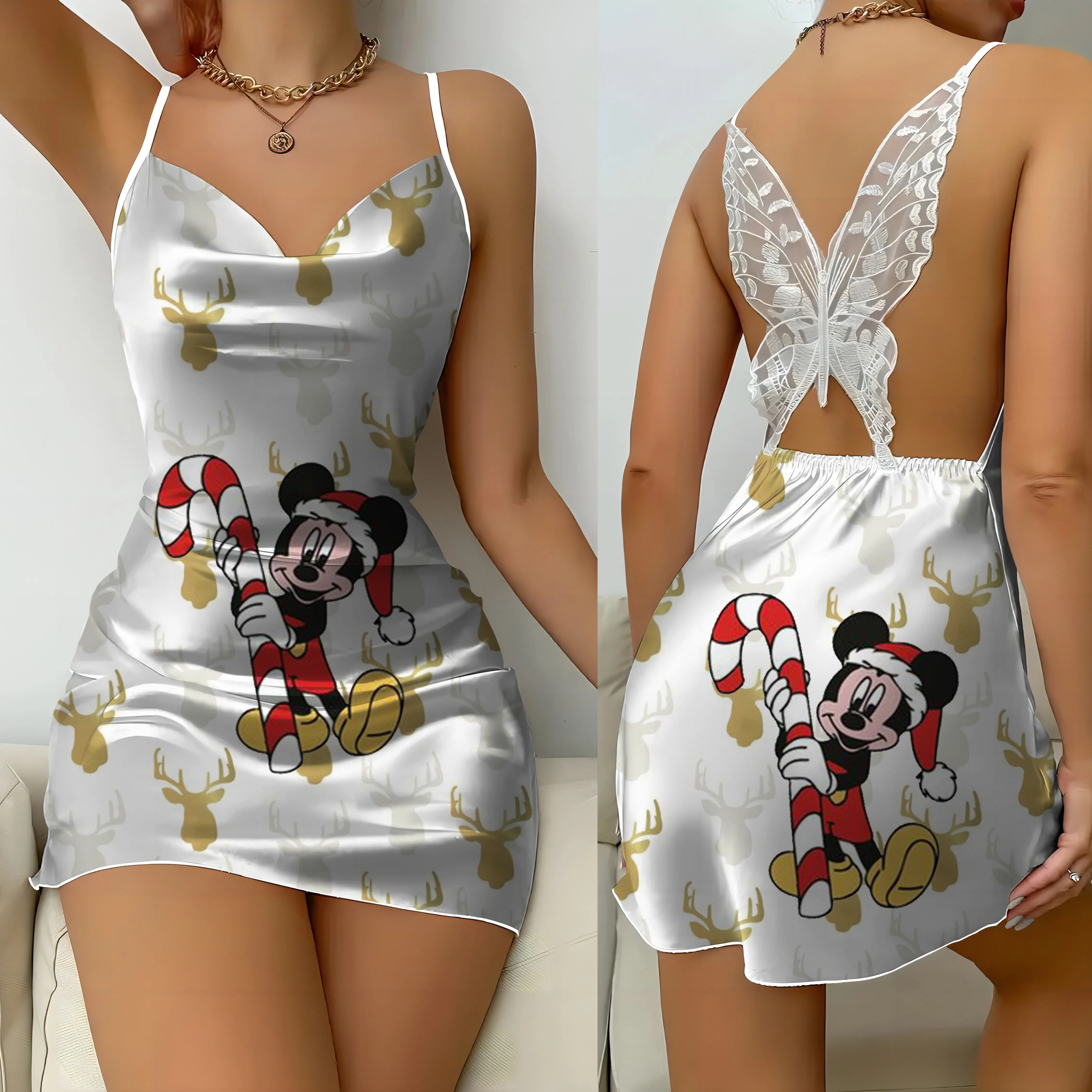 Disney Pajama Skirt Womens Dresses Bow Knot Lace Dress Christmas Minnie Mouse Mickey Satin Surface Party Mini Sexy Backless Home