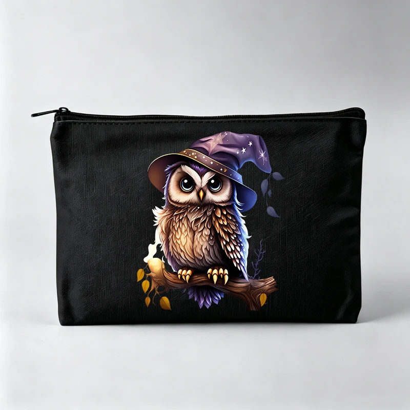 Women's Owl with Wizard Hat Print Makeup Bag, Fantasy Creature Cosmetic Pouch for Daily Use