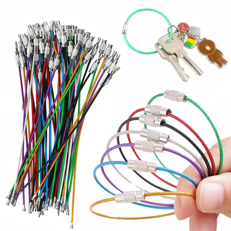 10/20pcs Stainless Steel Wire Keychain Ring Key Keyring Circle Rope Cable Loop Outdoor Camp Luggage Tag Screw Lock Gadget