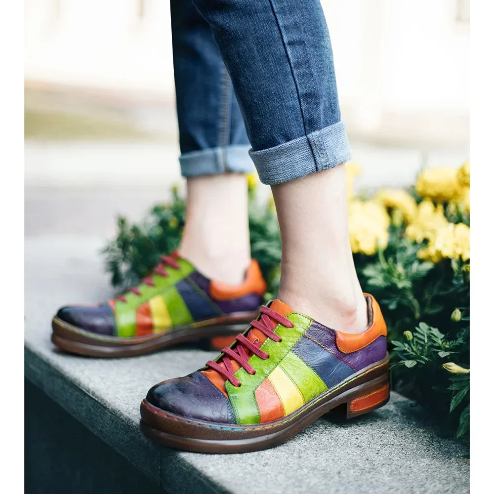 

Birkuir Genuine Leather Mixed Colors Thick Heel Women Shoes Runbow Low Heel Pumps Lace Up Luxury Ladies Shoes Big Size 41 42