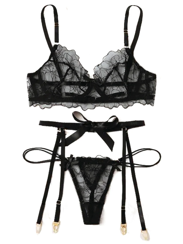etam lingérie sexy Hot Red Lace Lingerie Set With Garter Belt 4-Piece Elegant And Sexy  Lingerie Set main image 0