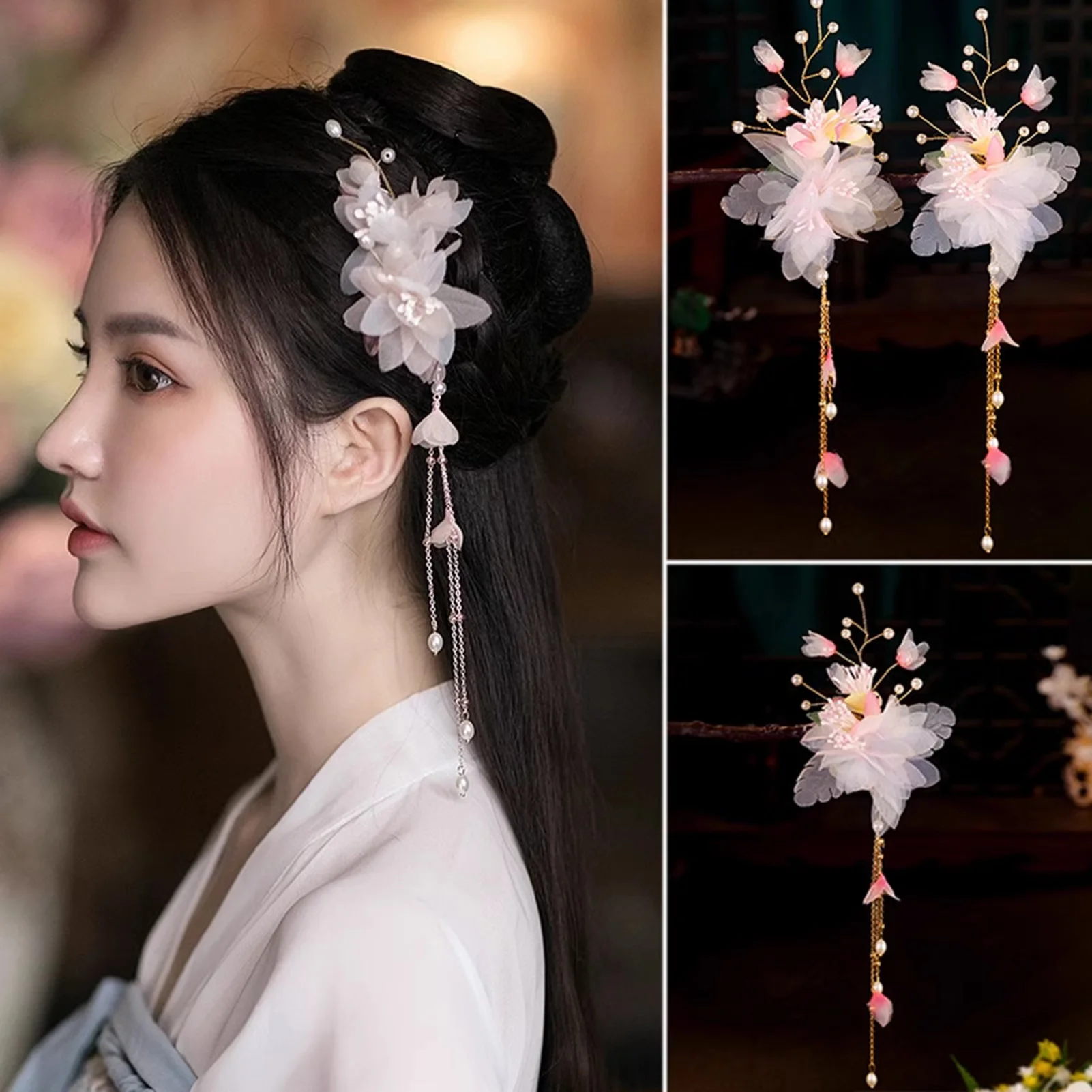2pcs Pink Flower Hairpin Chinese Style Hair Clip Fairy Floral Tiaras Vintage Hanfu Hair Accessories Retro Bridal Head Jewelry