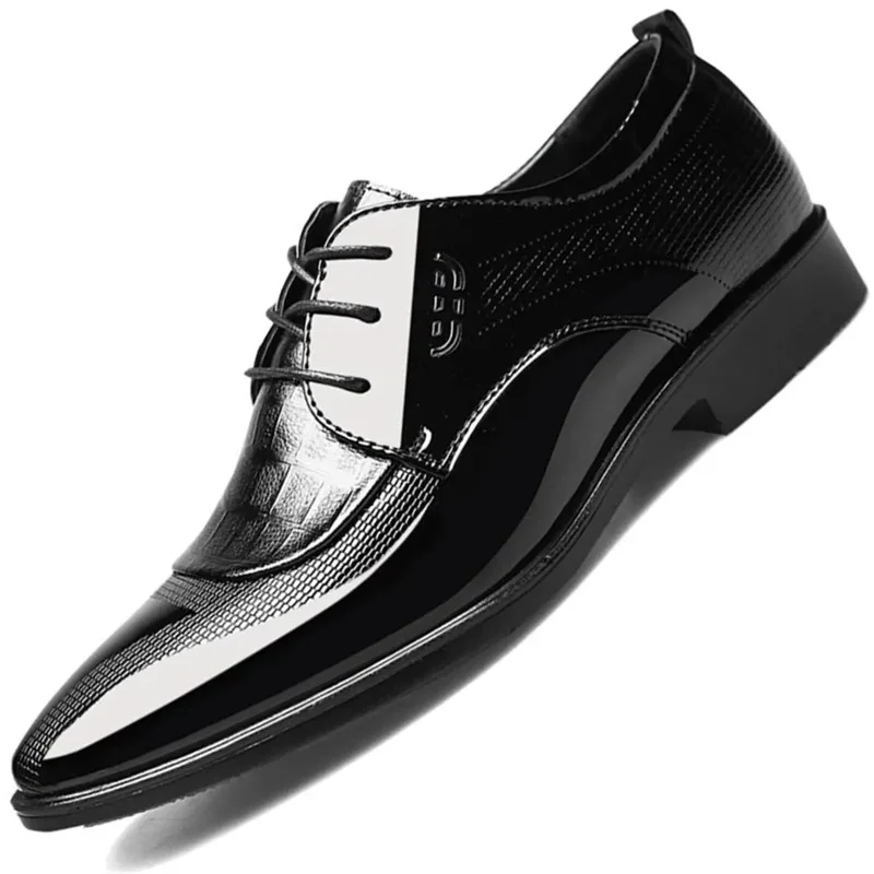High-end Men Dress Shoes Formal Business Oxford Block Patent Leather Lace-up Comfortable Pointed Shoes for Men Zapatos De Hombre