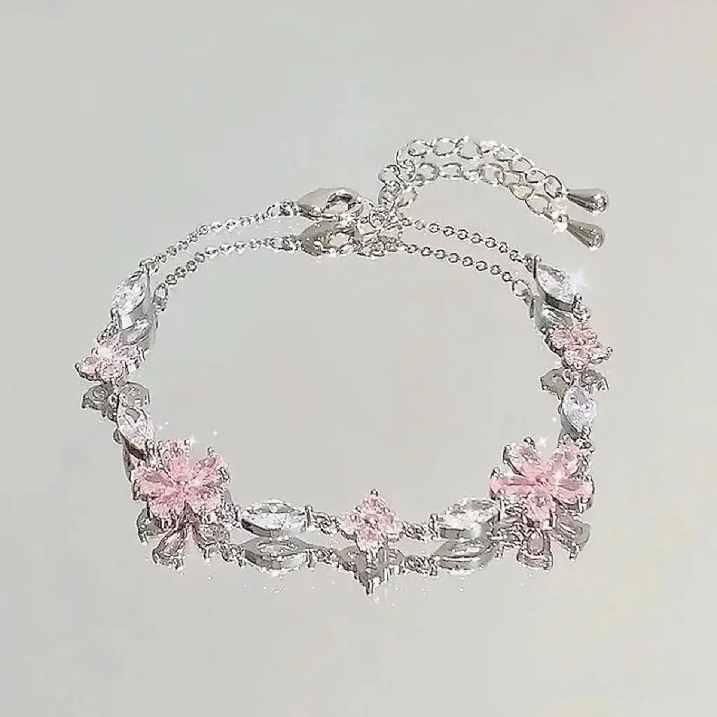 Shiny Pink Crystal Cherry Blossom Bracelets For Women Girls Sweet Moon Bow Flowers Zircon Bracelet Party Aesthetic Jewelry