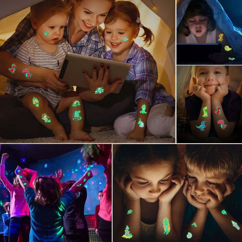 Pegatinas de tatuaje con purpurina luminosa para niños, tatuajes divertidos temporales e impermeables, arte corporal, dibujos animados, 5 piezas