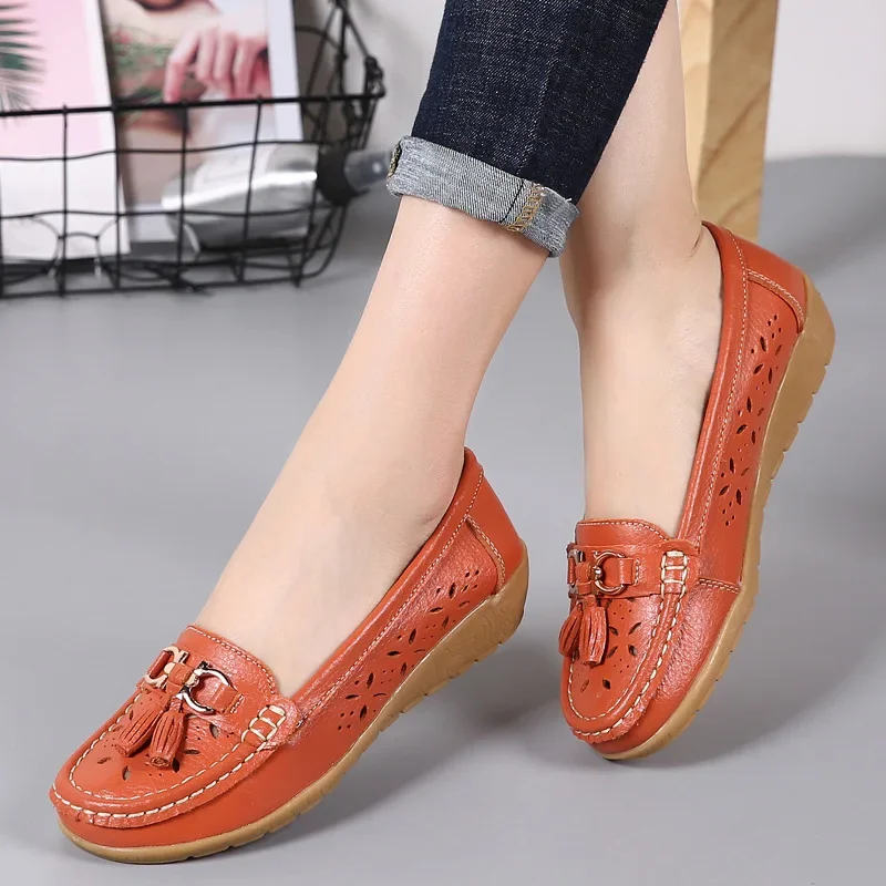 Women Flats Summer Women Genuine Leather Shoes With Low Heels Slip On Casual Flat Shoes Women Loafers Soft Nurse Ballerina Shoes