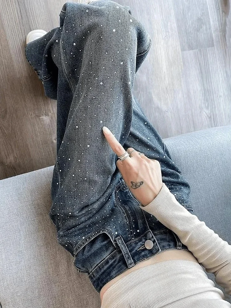 

Женские джинсы с высокой талией, свободного кроя, прямые, осенняя коллекция 2024, новые, с блестками, узкие и широкие джинсовые брюки, уличная мода