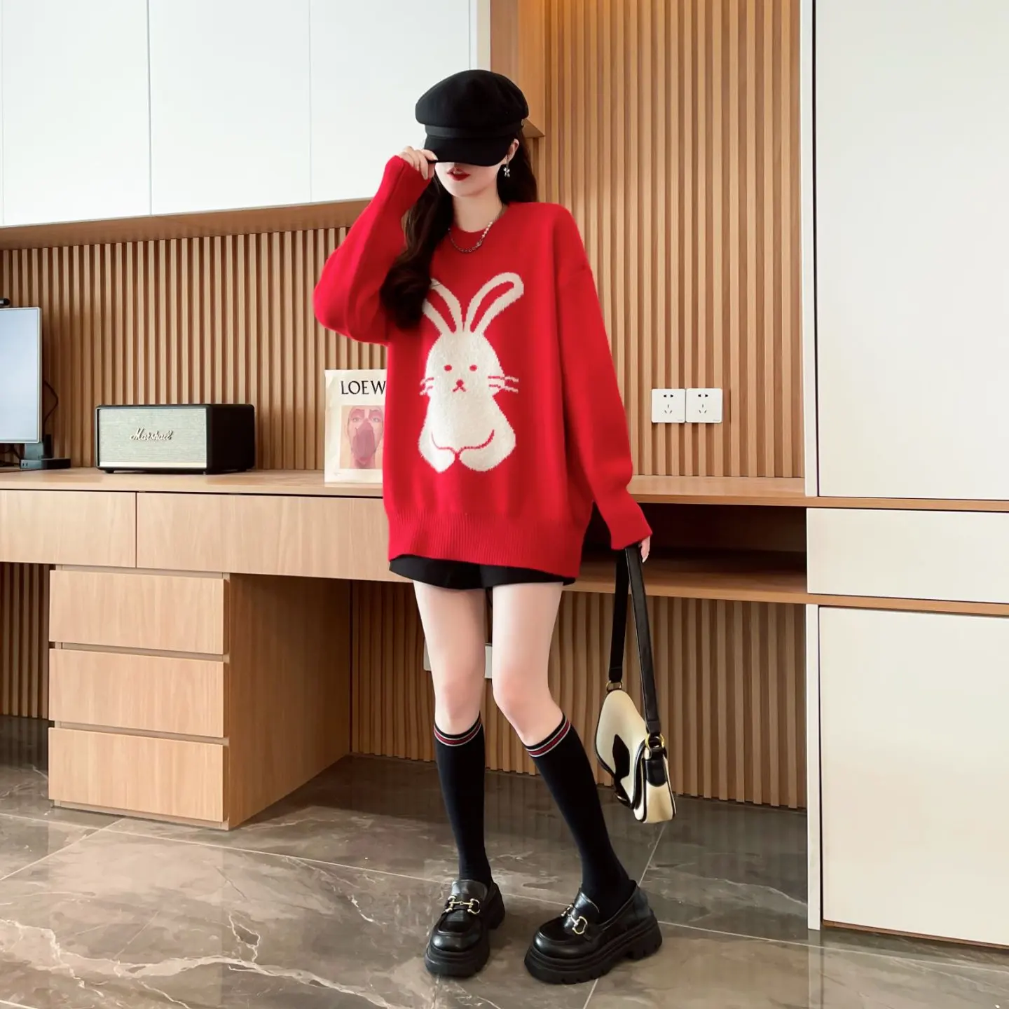 Winter Fufu Niedlicher weißer Kaninchen-Strickpullover, lockerer Weihnachts-Rot-Koreanischer Stil, Damenpullover, warm, gemütlich, Urlaubsmode