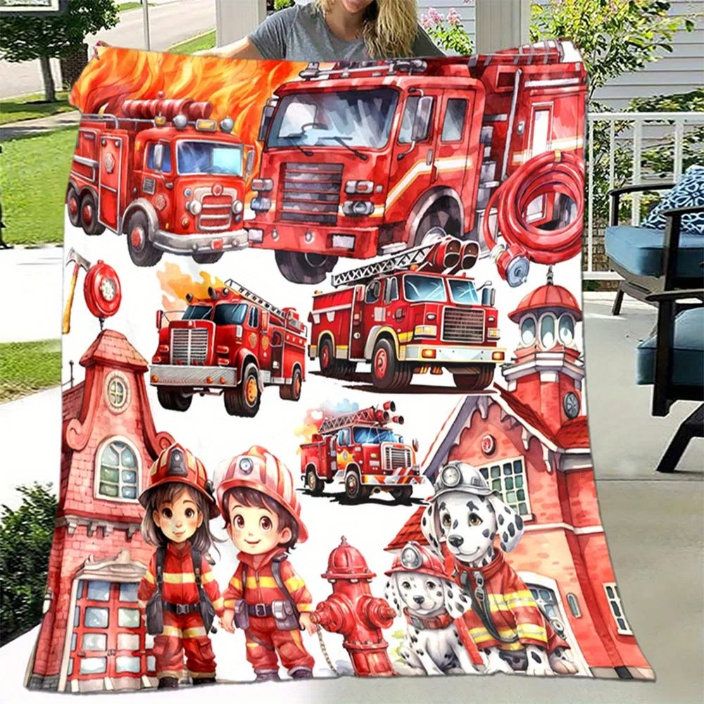 Custom Fire Truck Blanket Firefighters Dalmatian Kids Design Personalized Name Fleece Throw All Season Soft Warm Bedding Gift