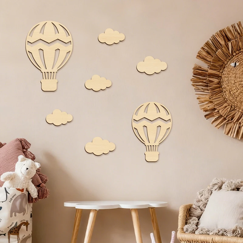 Hot Air Balloons & Clouds Sign Wooden Wall Stickers Hot Air Balloons Wall Decor for Nursery Classroom Playroom Wall Stickers