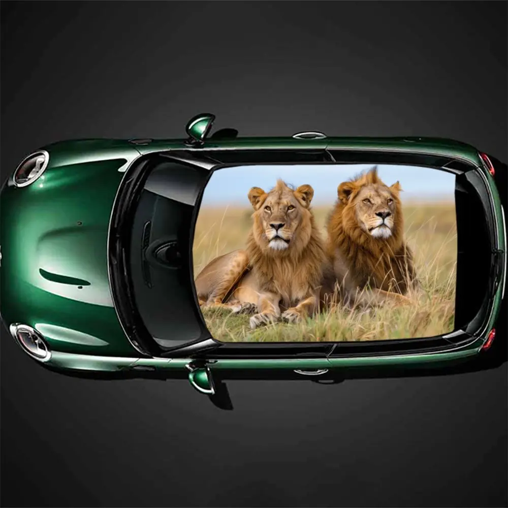 

Fierce Lions on The Grassland Car Roof Sticker Wrap Racing SUV Auto Accessories Packaging PVC Car Hood Graphic Decal Decoration
