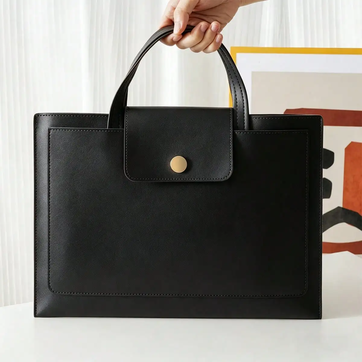 

A4 Leather File Bag, Portable Laptop Bag, Public Document Bag, Large Capacity, Thick Handle, Zipper Style Laptop Bag, Storage Material, Business Simplicity