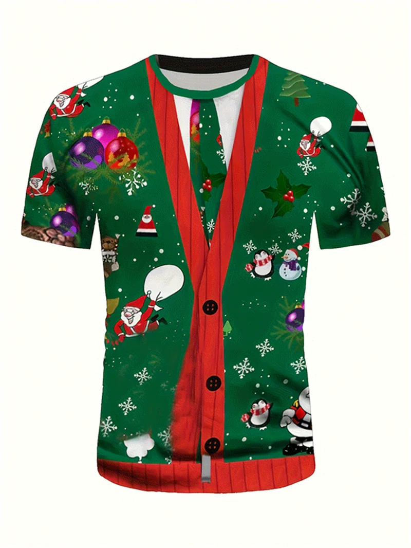 Lustiges Herren-Weihnachts-T-Shirt mit 3D-Muskel-Print, Weihnachtsmann-Anzug, Neuartiges Weihnachts-Party-Kurzarm-T-Shirt mit Rundhalsausschnitt, Verschiedene Stile – Detail 4