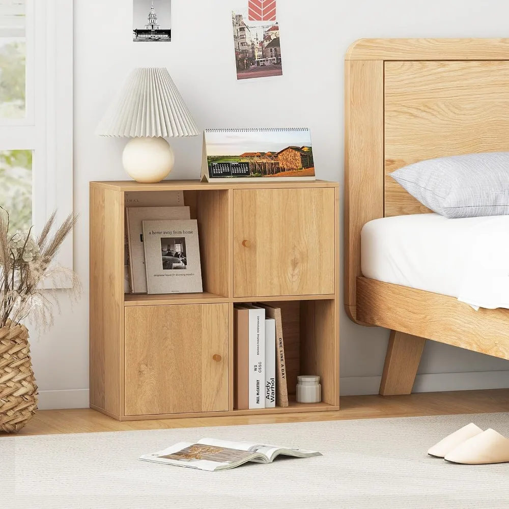 4 Cube Bookcase, 2-Tier Freestanding Bookshelf with Open and Enclosed Storage, Natural