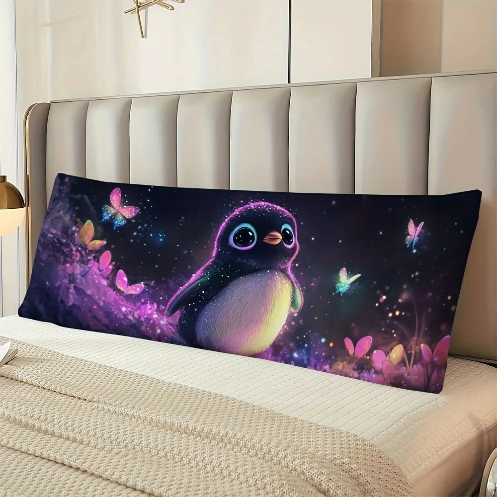 Cute Penguin and Cosmic Butterfly Throw Pillow Cover, 20x54 Inch, 100% Polyester, Zipper Closure, Machine Washable, Vibrant Purp