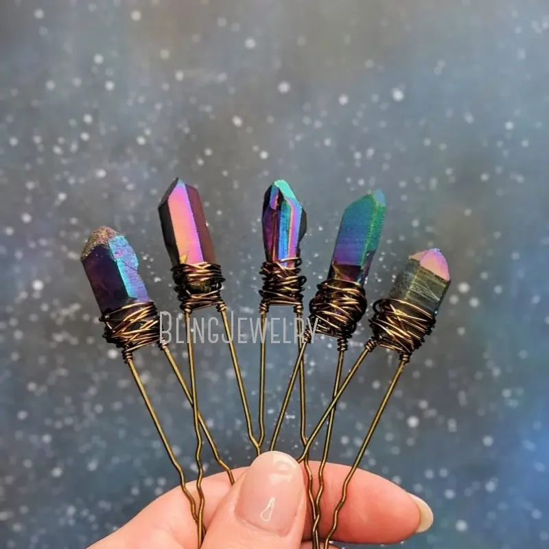 30pcs Witch Galaxy Crystal Hair Pin Stick Accessories Rainbow Purple Quartz Wedding Bride Gift Jewelry Bridal Women