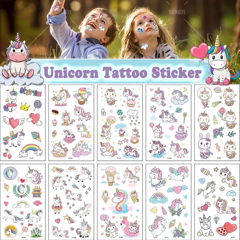 10Pcs/Set Child Tattoo Sticker Unicorn Princess Temporary Fake Kids Tatoo Girl Arm Hands Body Waterdichte Tatouages Pour Enfants