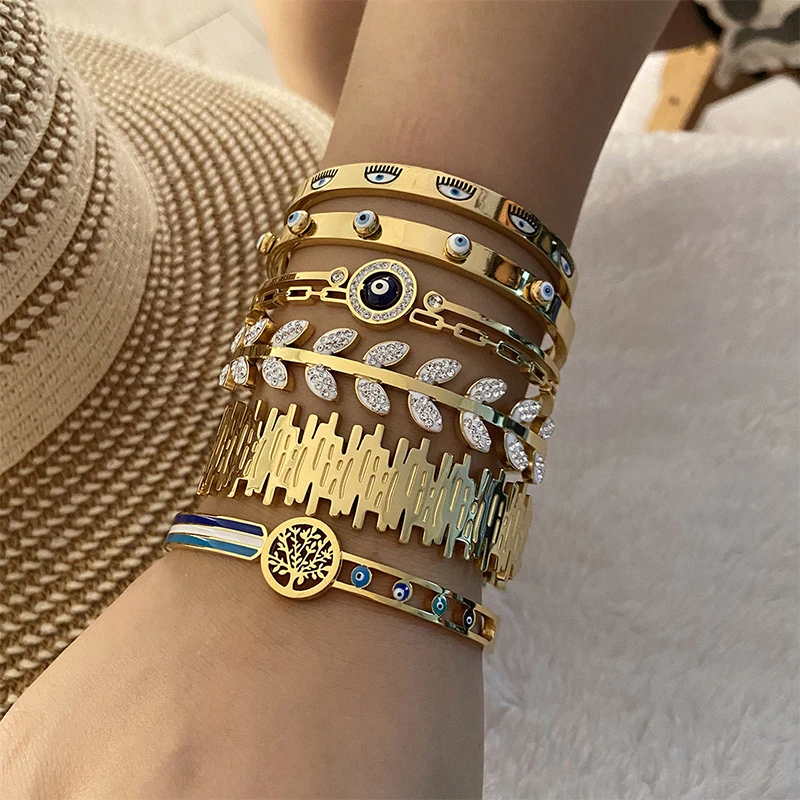 PRISCA | Evil Eye Gold Bracelets for Women. Stainless Steel. Turkey Charms.Original Design