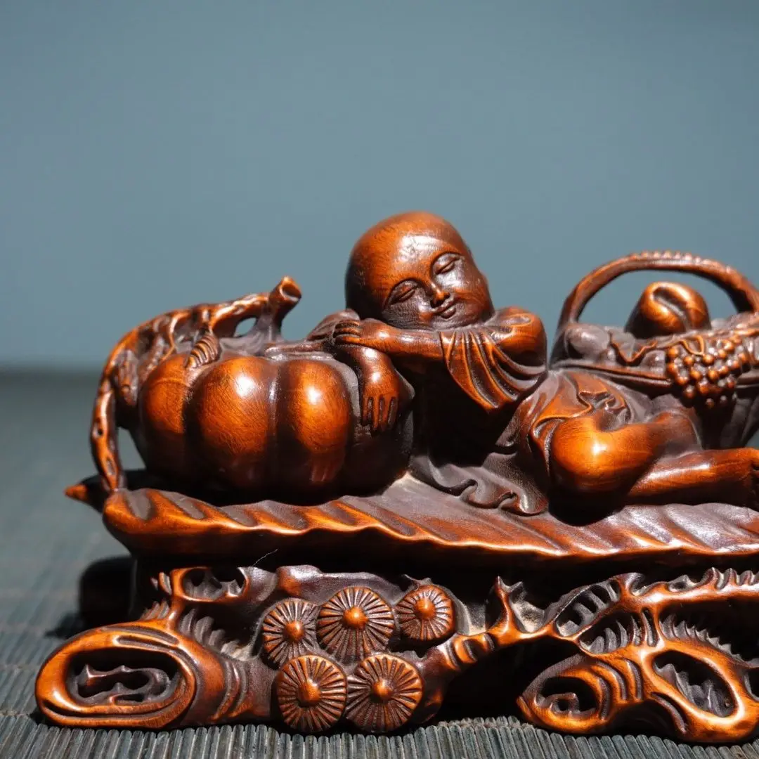 Hand Carved Wood Good luck and a bountiful year Statue Figurine Desktop Ornaments Home Decoration