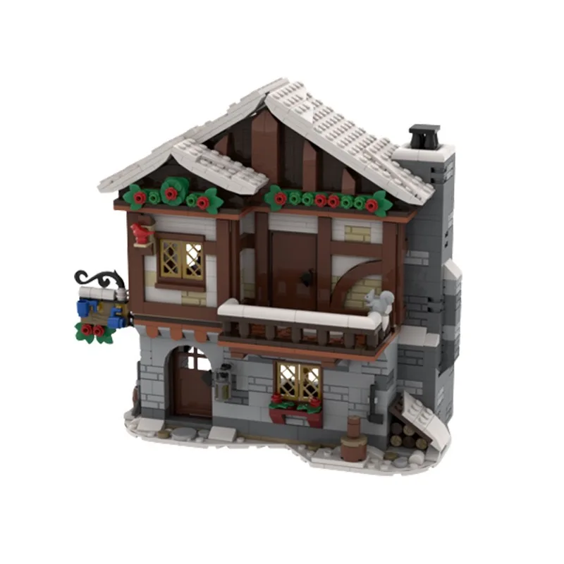 MOC-Castillo de arquitectura Medieval para niños, vista de la calle, modelo de Pub de invierno, ensamblaje de bloques de construcción, juguetes, regalos de navidad