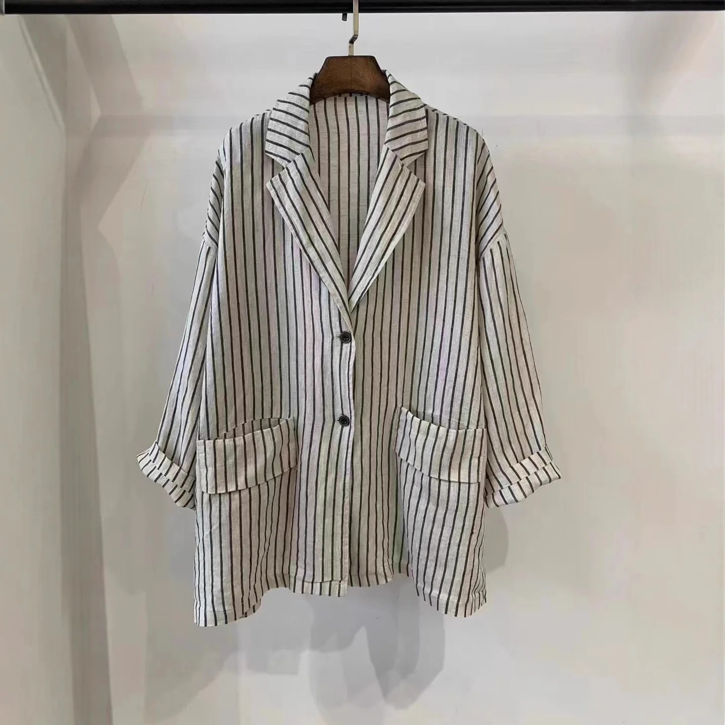 SuperAen Retro Striped Elegant Cotton and Linen Women Spring and Autumn New Japan Style Loose Casual Simple Notched Suit Jackets