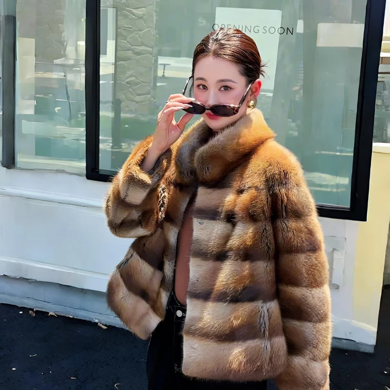 2025 New Winter Real Natural Muskrat Fur Women Coats Stand-up Collar Fur Jackets Thick Warm Luxury Female Outerwear Fur Clothing