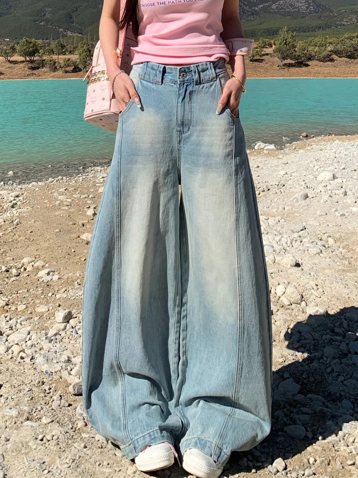 

Свободные широкие синие джинсы для женщин, повседневные, из смесового хлопка, удобные, на весну-лето, с широкой талией