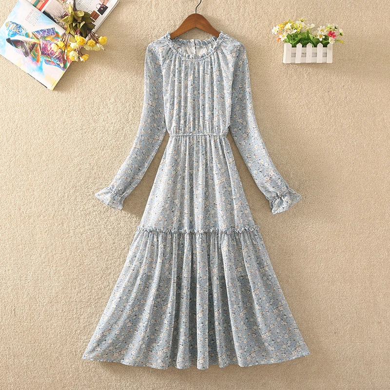 

Women Vintage Ruffled A-line Chiffon Dress Long Sleeve O-neck Floral Print Sweet Blue Midi Dress 2022 Spring New Dress Robe