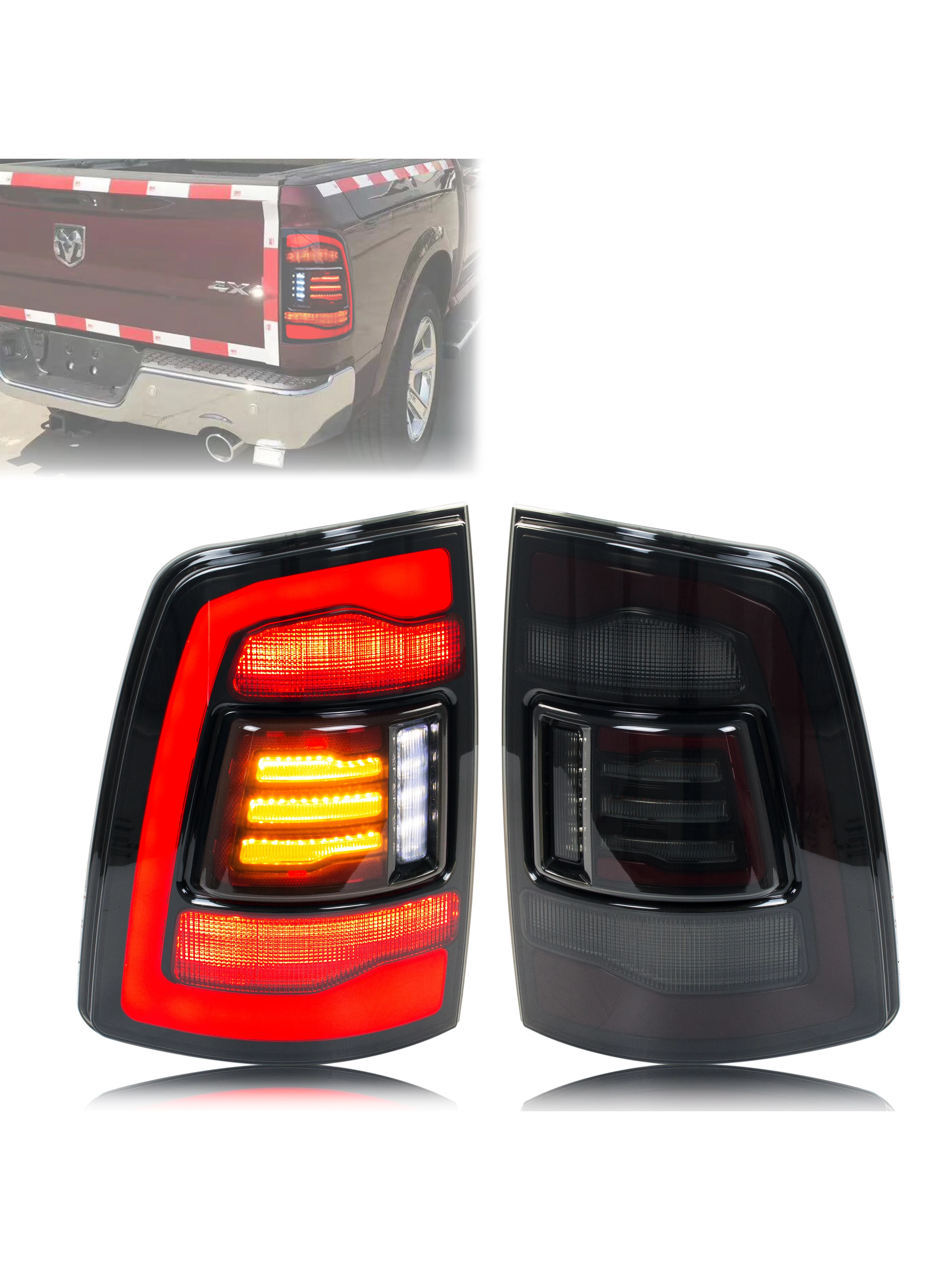 LED-Rückleuchten für Dodge Ram 2009-2018 1500 2500 3500 4. Generation mit Sequenziellem Gelben Blinker, Schwarze Heckleuchten-Einheit