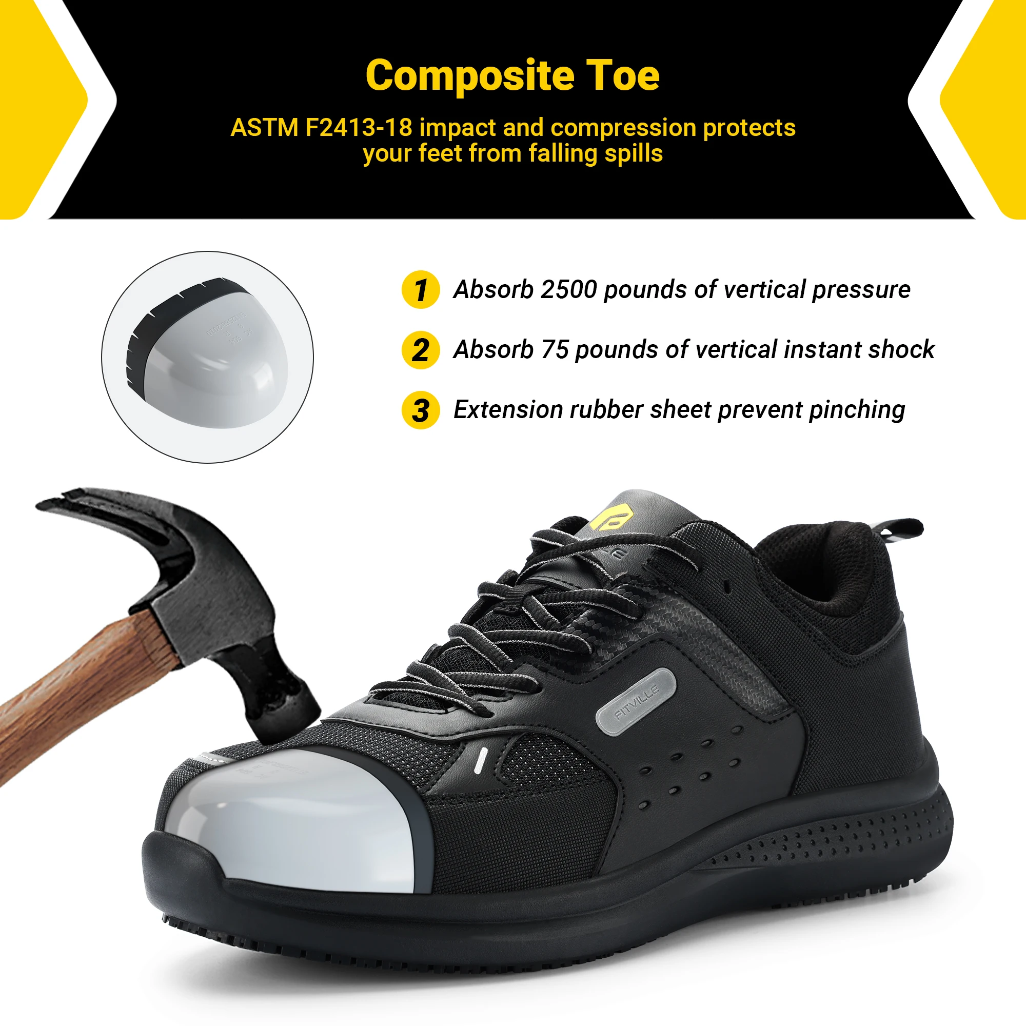 Fittington Men's Steel Toe Shoes Composite Wide Toe Casual Work Shoes Water Resistant Slip Resistant Leather Footwear Protective