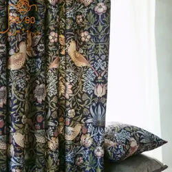 American Style Garden Flowers and Birds Green Jacquard Thickened Cotton and Linen Curtains for Living Room Bedroom Balcony
