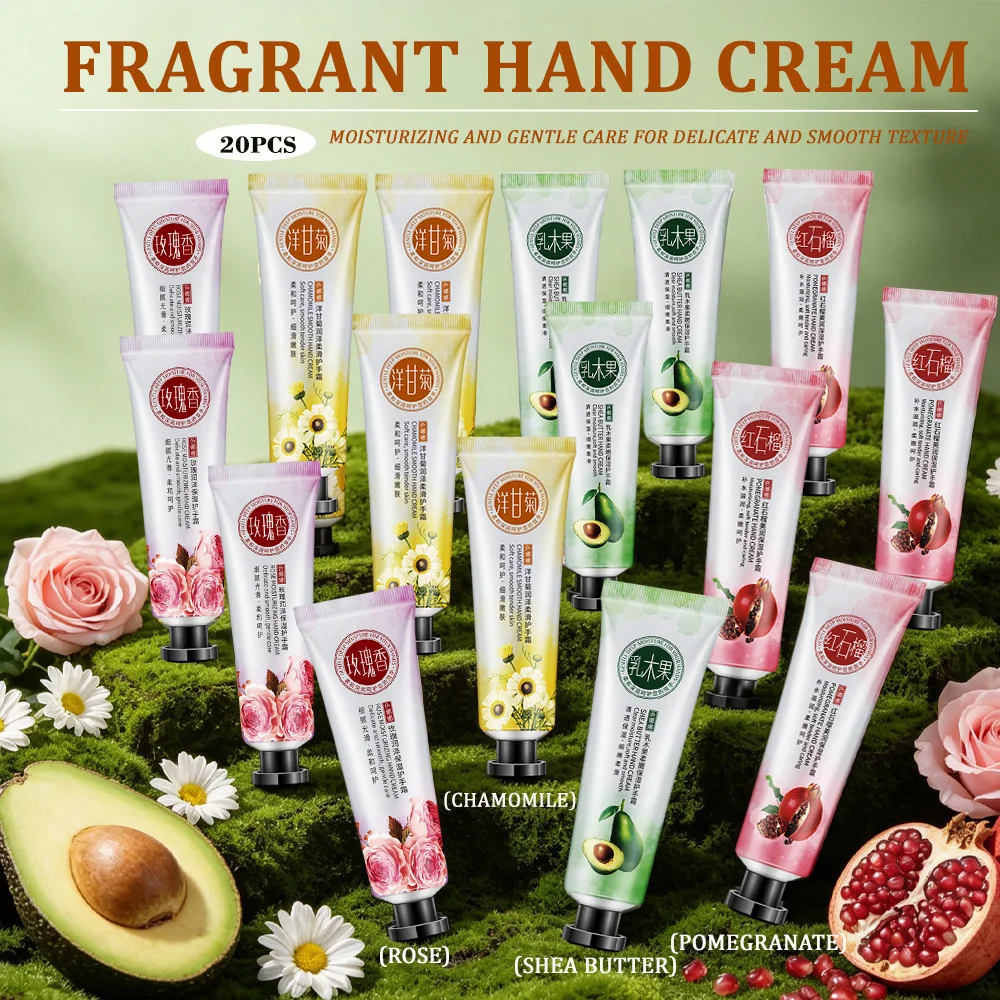 20PCS Fruit Moisturizing and Smooth Hand Cream, Containing 4 Different Fruits including Shea Butter, Pomegranate, Rose,