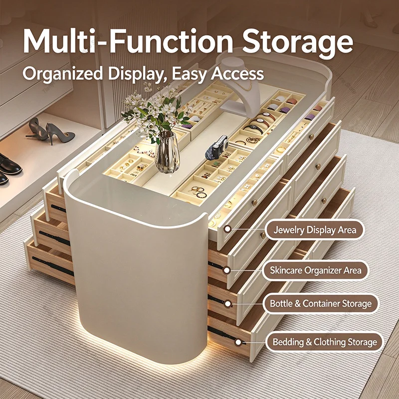 French High End Solid Wood Jewelry Display Cabinet Paint Finish Multi Layer Drawer Storage Cabinet LED Light Home Furniture FYMS