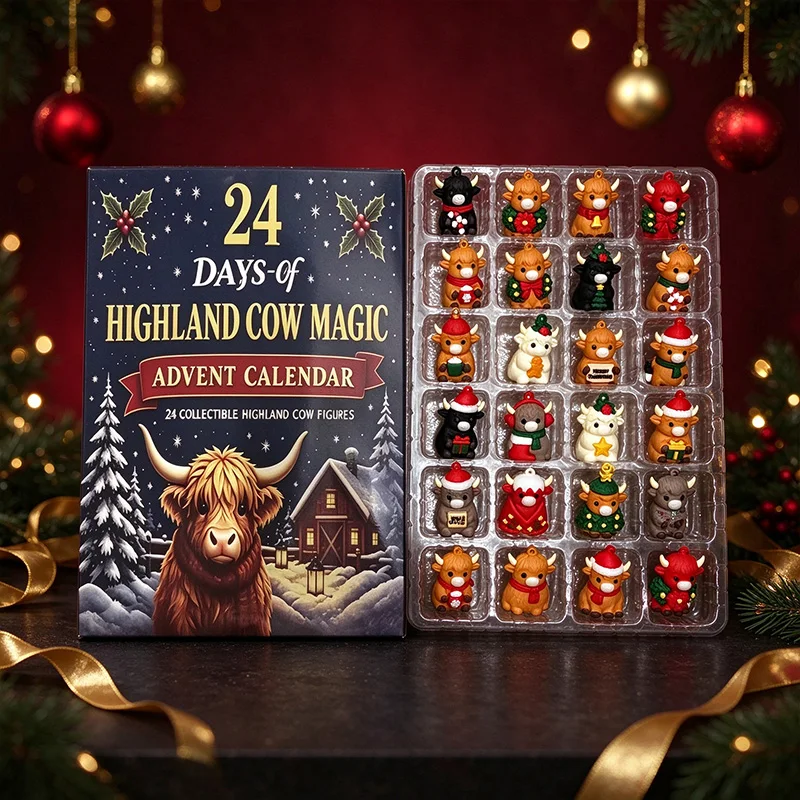 24pcs New Scottish Highland Bull Christmas Countdown Calendar Ornament Long Haired Bull Pendant For Xmas Tree Home Holiday Decor