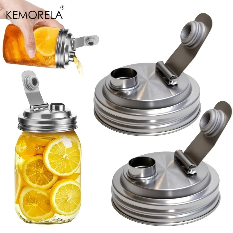 1/2Pack Mason Jar Stainless Steel Pour Spout Lid, Reusable Mason Jar Lids, for 86MM Ball Wide Mouth Mason Jars, Leak Proof Seal